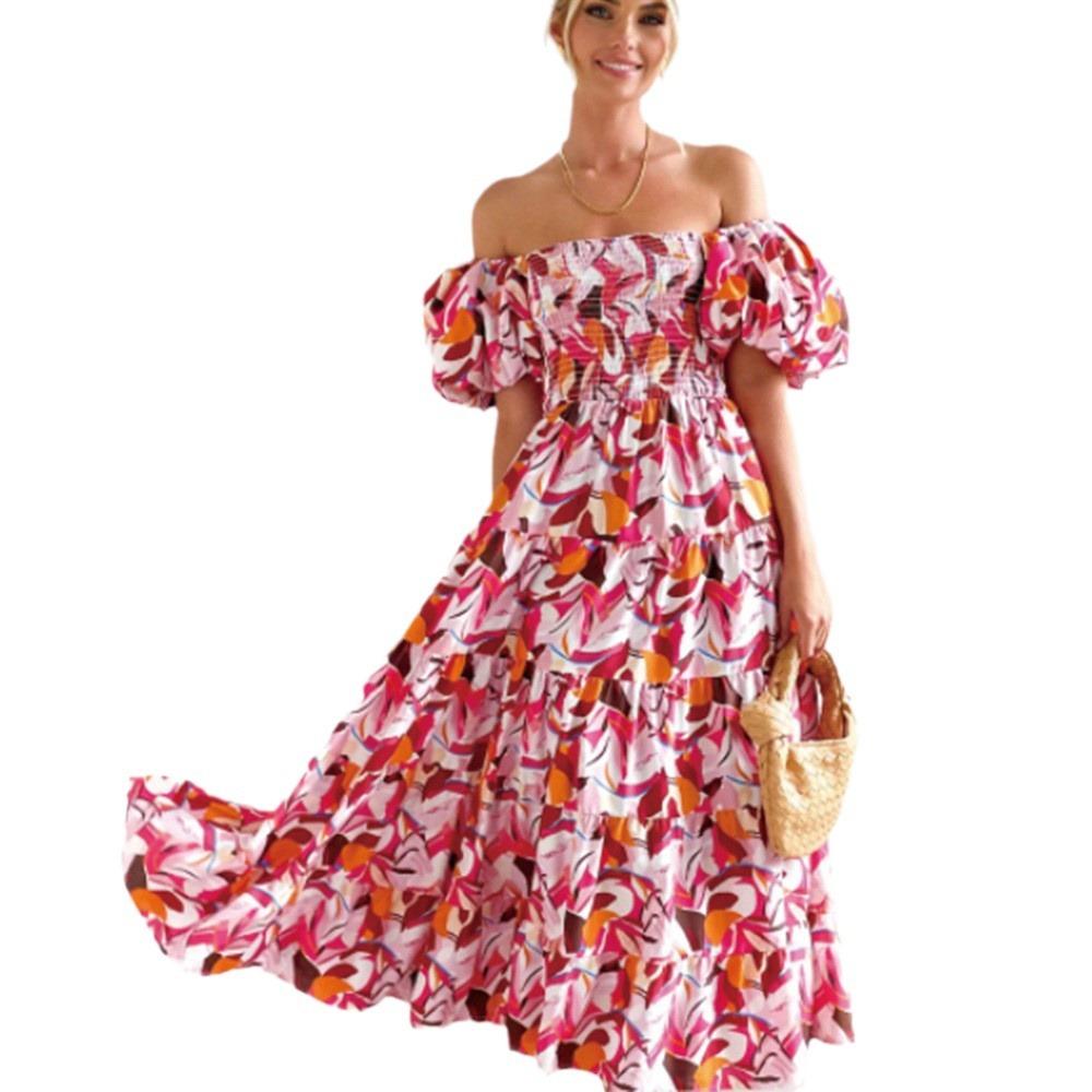 2025 новое женское платье свободного покроя с бохо принтом и одним словом на плече в праздничном стиле