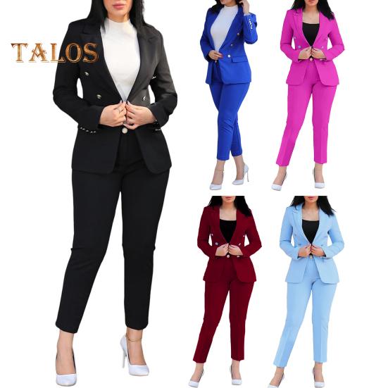 2 шт./комплект женский формальный пиджак брюки комплект с длинными рукавами двойные пуговицы узкий кардиган талия куртка средней длины прямые брюки с высокой талией формальный деловой