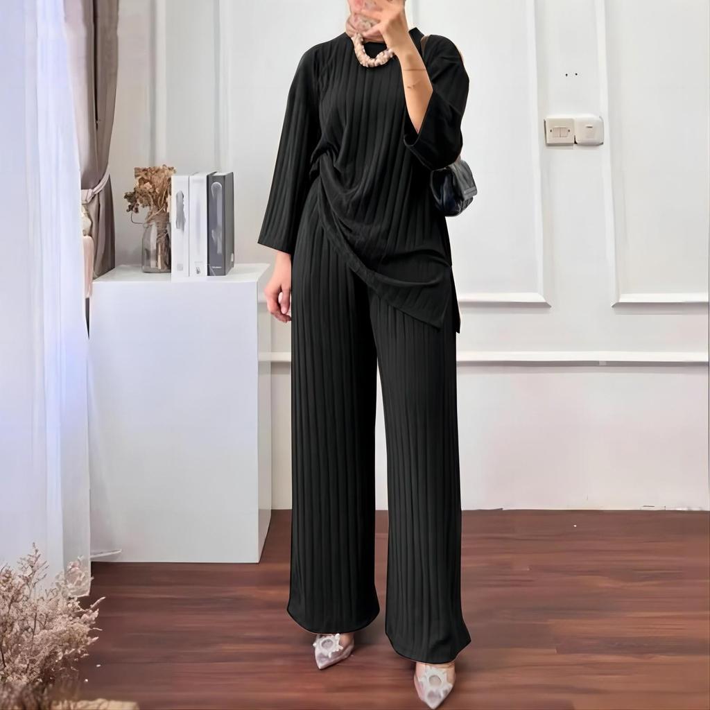 2023 Autumn/Winter Women's Long-Sleeve Top & Wide-Leg Pants Solid Color 2-Piece Casual Sportswear Set