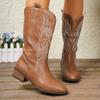 Women's Mid-calf Cowboy Boots Pointy Toe Boots Slip On Embroidered Chunky Block Heels Western Cowgirl Boots for Women Wide Calf Pull On Booties Shoes