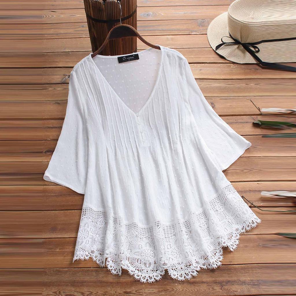 Женская модная повседневная свободная плиссированная кружевная блузка с полым v-образным вырезом и топом