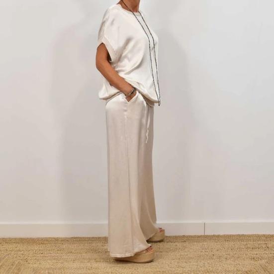 Women's Satin Silky Two-Piece Set Casual Crew Neck Short Sleeve Top Wide Leg Pants Set Loose Loungewear Outfit for Spring Summer