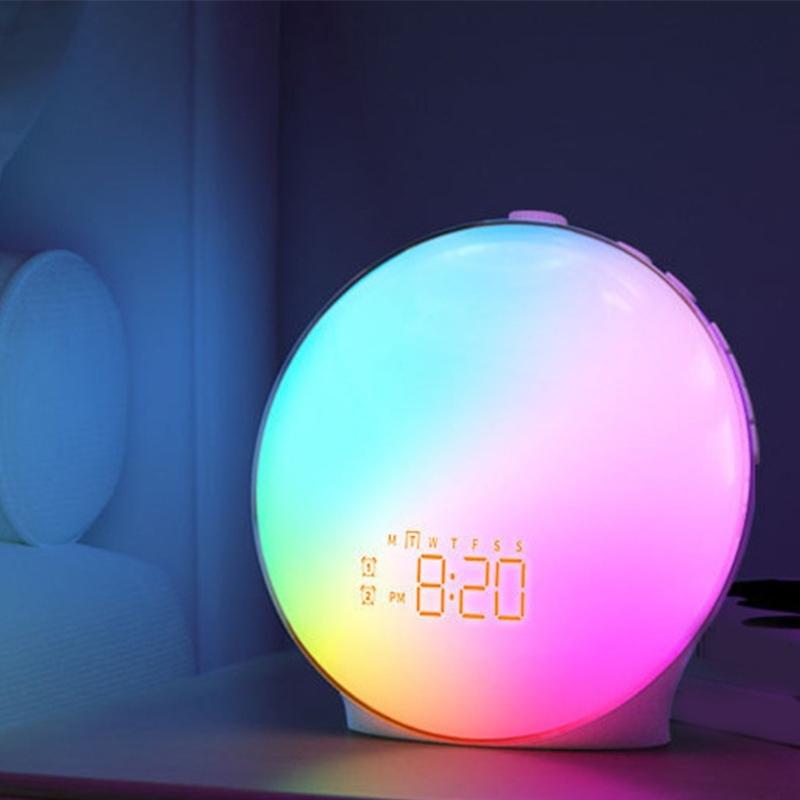 Будильник-симулятор восхода солнца, световой будильник для пробуждения с регулируемым красочным ночником, радио, 2 будильника, настольные часы с текстурой дерева