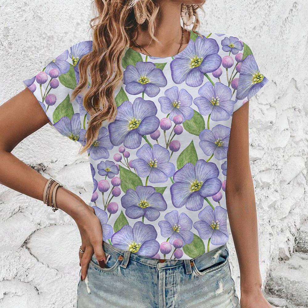 Винтажная элегантная футболка с цветочным принтом 3D, летняя свободная женская футболка, уличная мода, новая футболка с круглым вырезом
