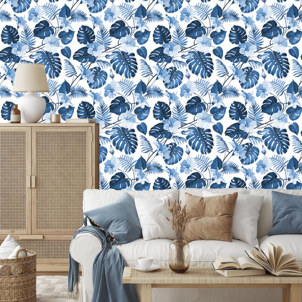 Wallpaper Blue Tropical Leaves and Flowers for Living Room and Bedroom 50x1000
