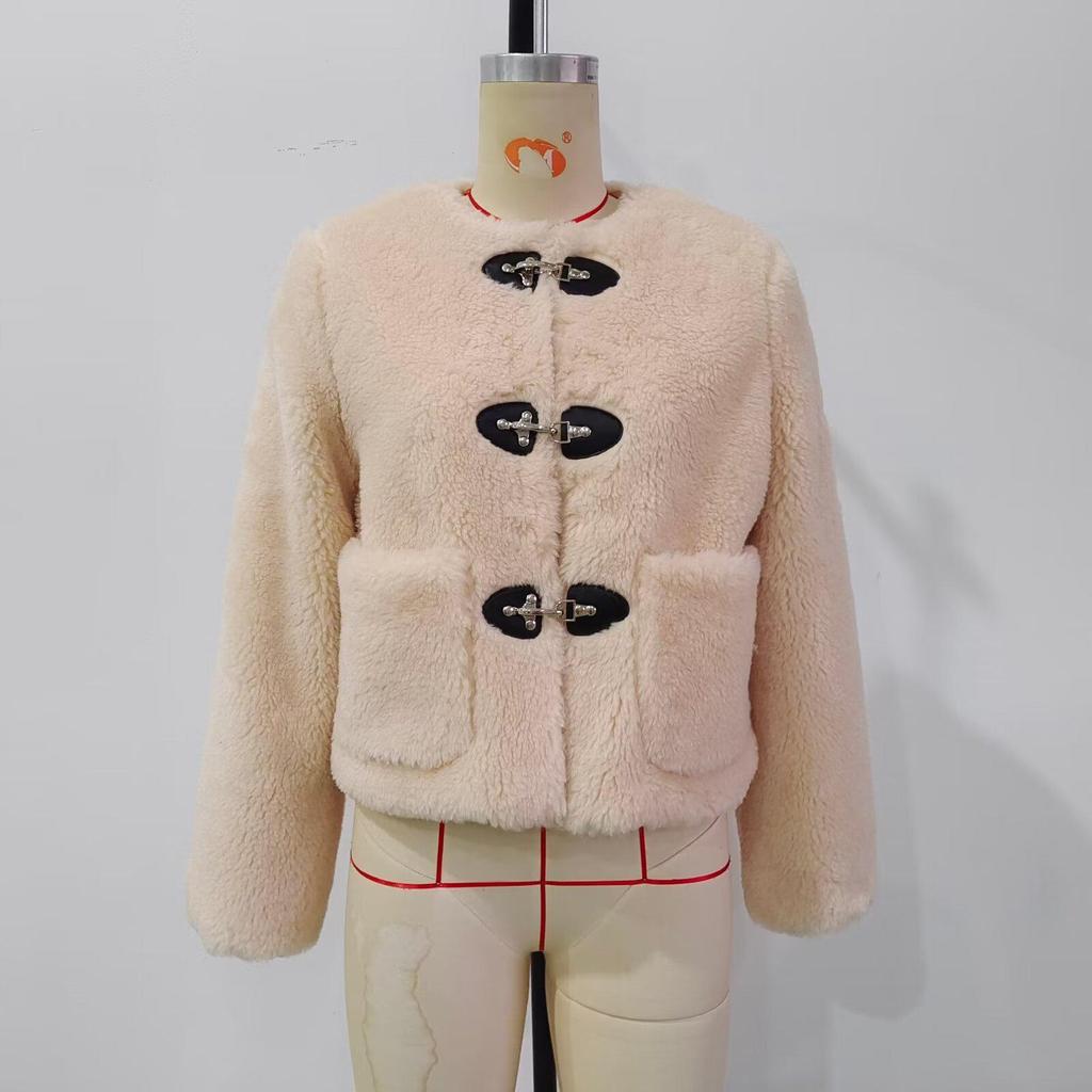 European & American Fashion Women's Fleece Jacket 2025 - Winter/Spring, Casual, Wide Pocket, Buckle Decor, X924003