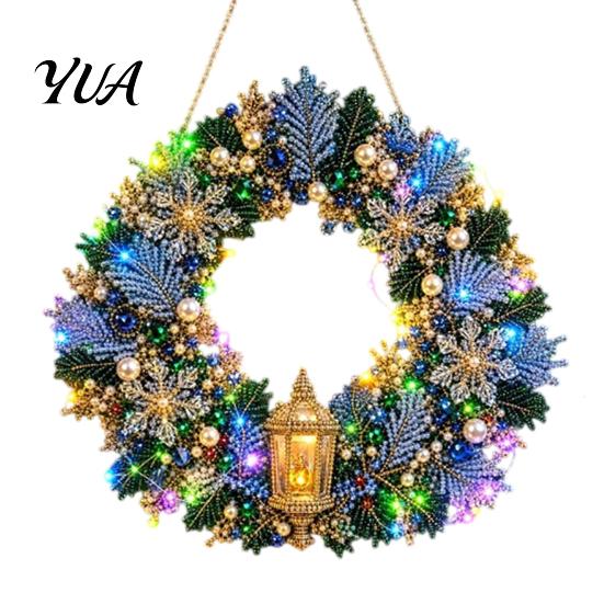 DIY Home Holiday Decor Acrylic Christmas Faux Pearl Art Hanging Kit, Lighted Wreath 3D Beaded Craft Sparkling Gemstone Project Kit with LED