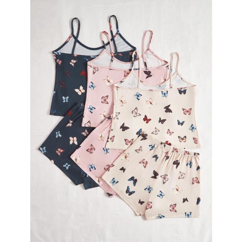 3 Sets Women's Pajama Set Butterfly Pattern Halter Top Shorts Six-piece Casual Home Wear