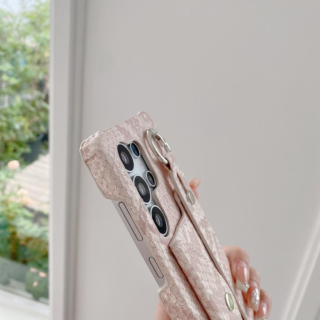 For Samsung Galaxy S24 Ultra Case Card Holder Wristband Lacquered Snake Texture PU + PC Back Cover with Lanyard