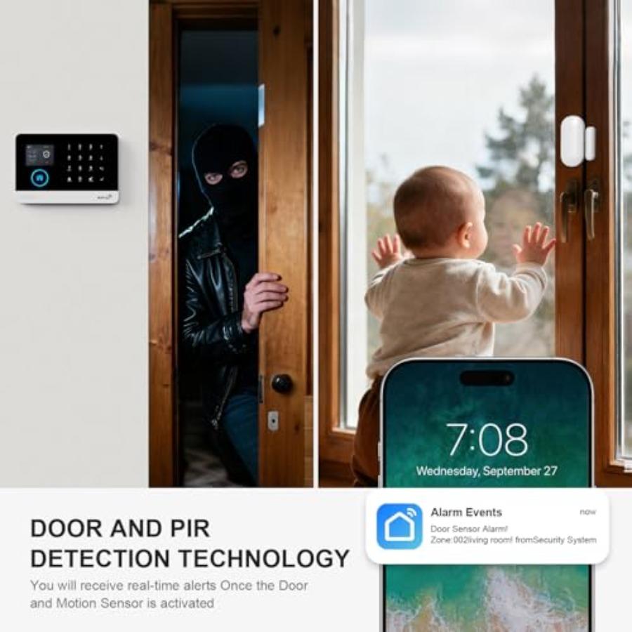 Система сигнализации для дома: Беспроводная HD-камера 4G GSM/WiFi, оповещения в приложении, датчики движения двери/окна, громкая сирена, без ежемесячной платы