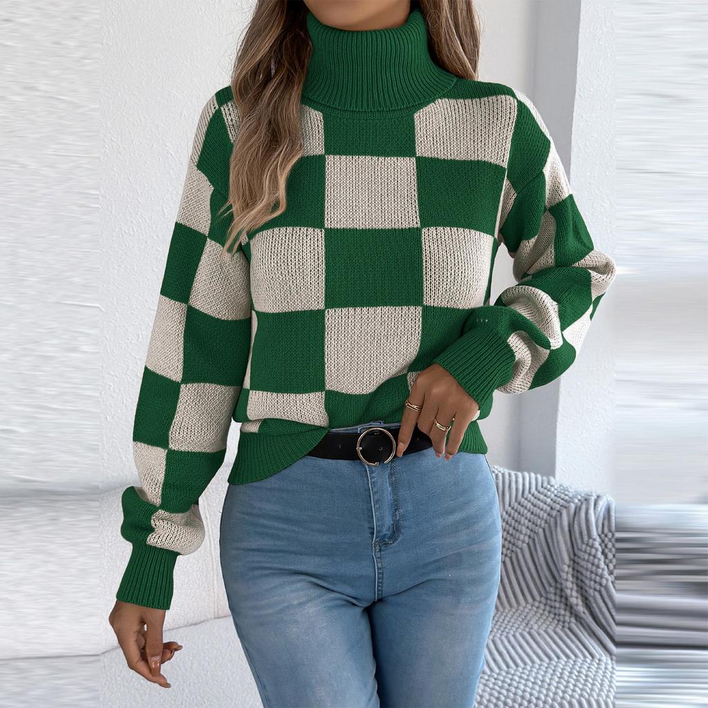 Женский повседневный свитер с высоким воротником, контрастной клеткой и длинными рукавами