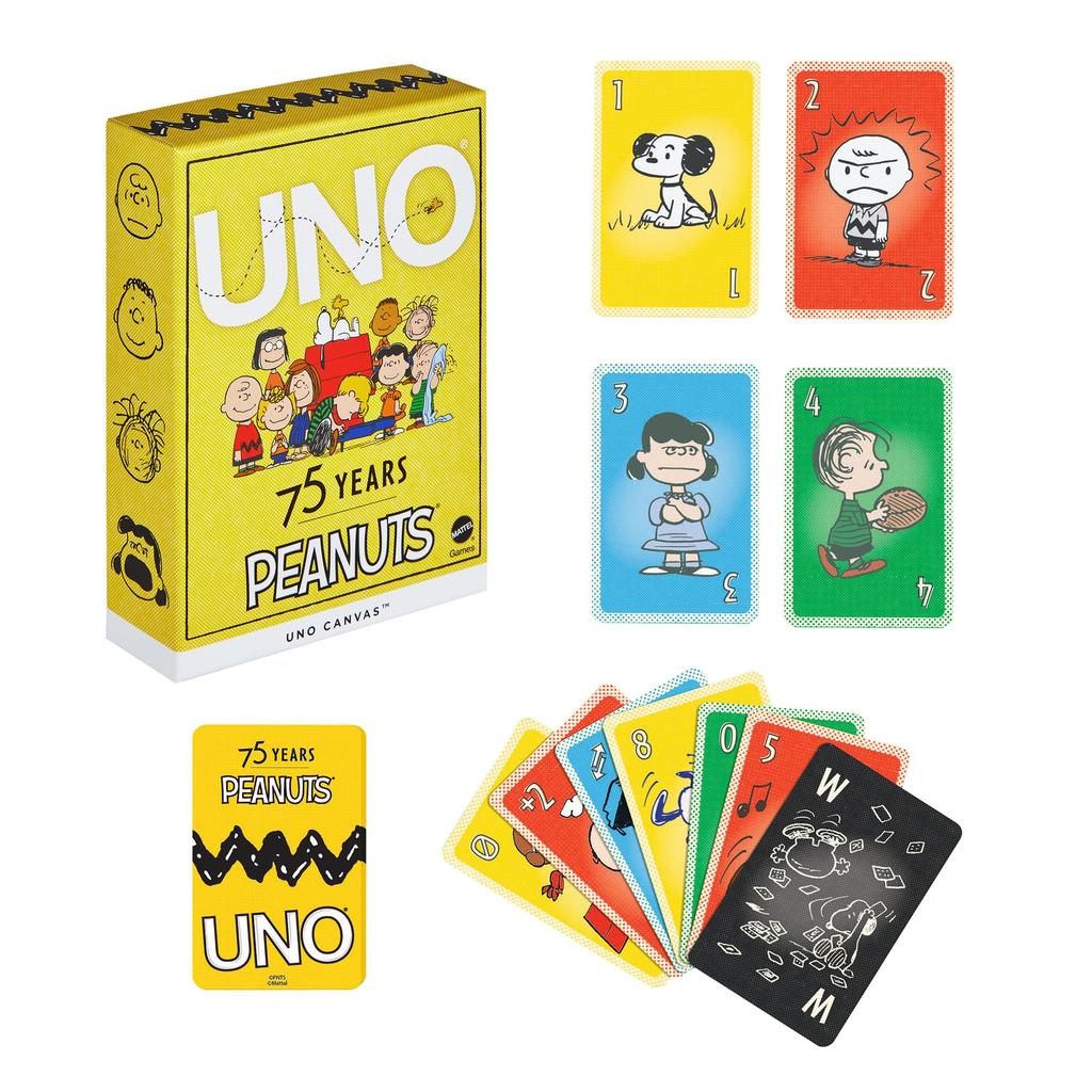 Mattel Games UNO Canvas Peanuts Party 112 Возраст 7 и JFP04 Игра, Принадлежности, Карты, 2-10 игроков, Вверх, Желтый,