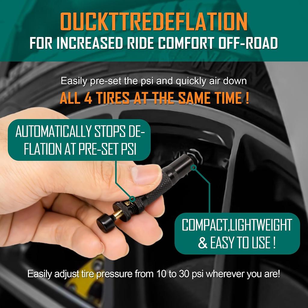 MARIE Automatic Tire Deflator Kit (10-30 PSI), 4PCS Adjustable Auto Stop Air Down Tire Deflator Kit for Offroad