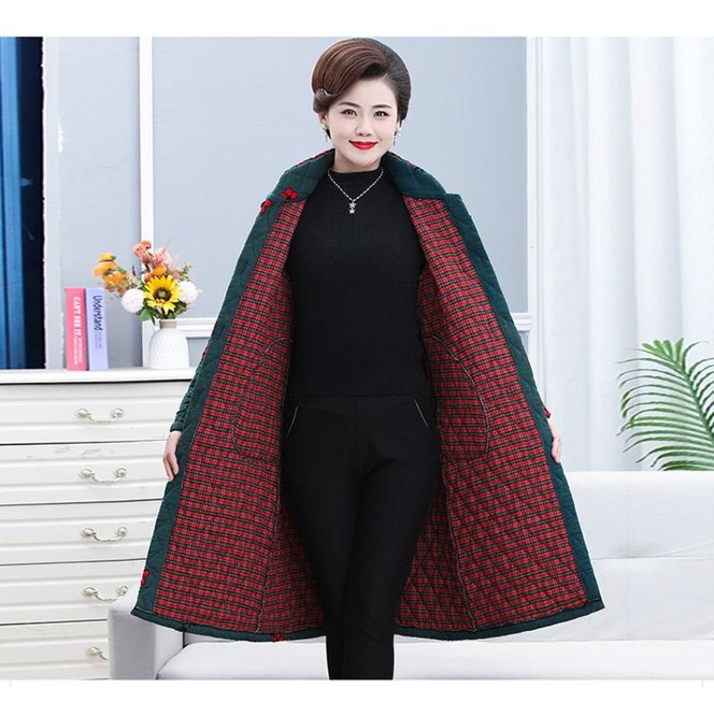 Хлопковое пальто с вышивкой в китайском стиле для женщин среднего возраста, утепленная теплая длинная куртка с застежками-лягушками