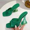 Summer Green Women's Shoes Slippers Silky Wide Band Transparent Strange High Heels Comfortable PU Leather Slides Sandals Pumps