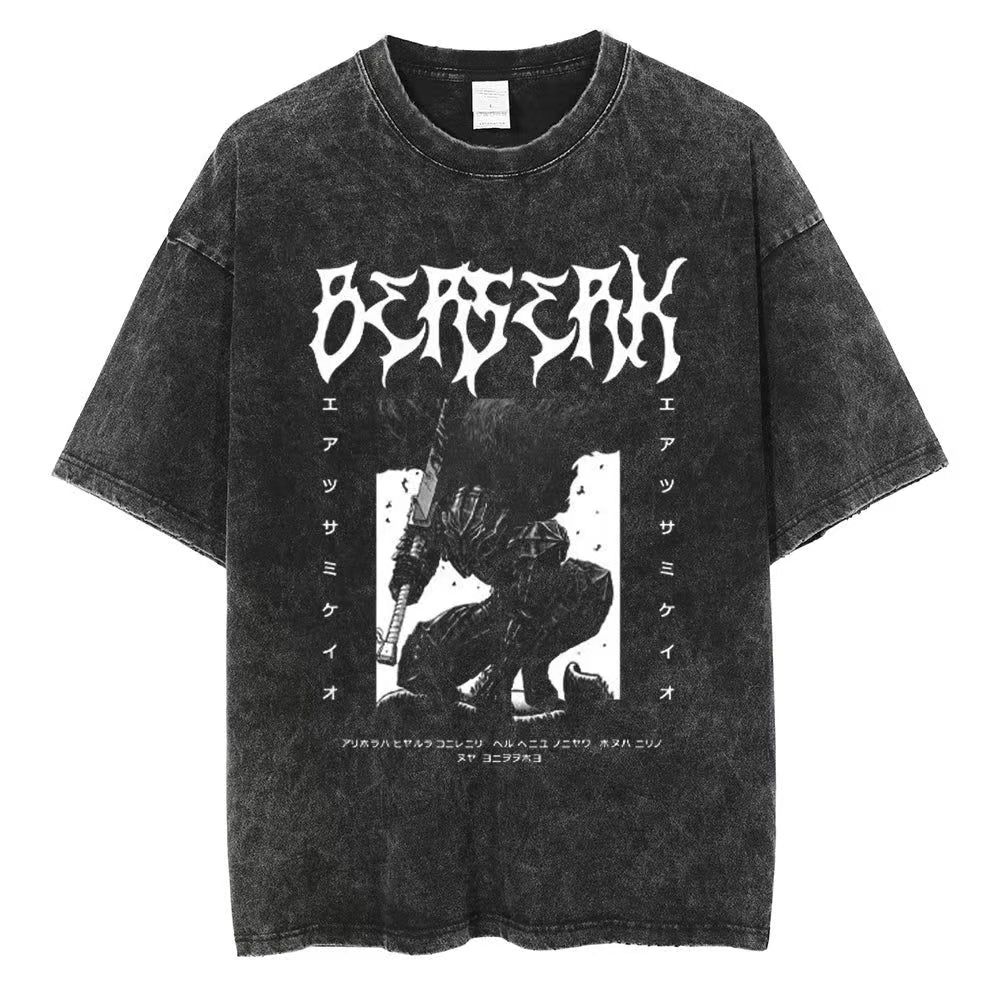 Washed Berserk Cotton Mens Vintage Japan Anime Oversize Shirts Streetwear Summer Short Sleeve TShirt Loose Cotton Tops