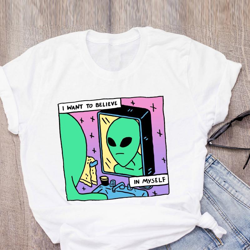 Women Graphic Cartoon Alien Color Ladies Summer Print T Shirt Shirt Tops Lady Clothes Womens
