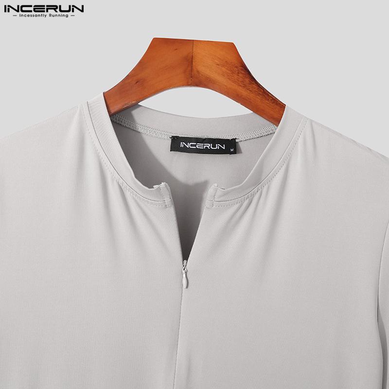 INCERUN 3Colors Jumpsuits Mens Fashion Summer Wear Short Sleeved Body Fit Suit Zipper Up Jumpsuits Solid Homewear S-5XL