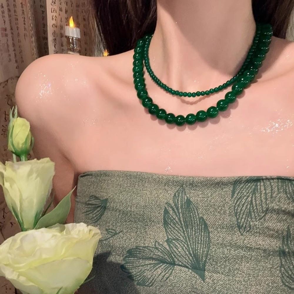 Round Green Beads Necklace 4 6 8 10mm Collarbone Chain New Choker Necklace Gifts
