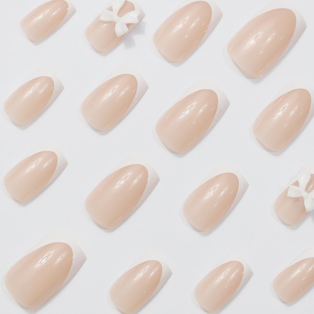 Nail art, sweet and simple white French bow, white temperament, medium and long wearing armor