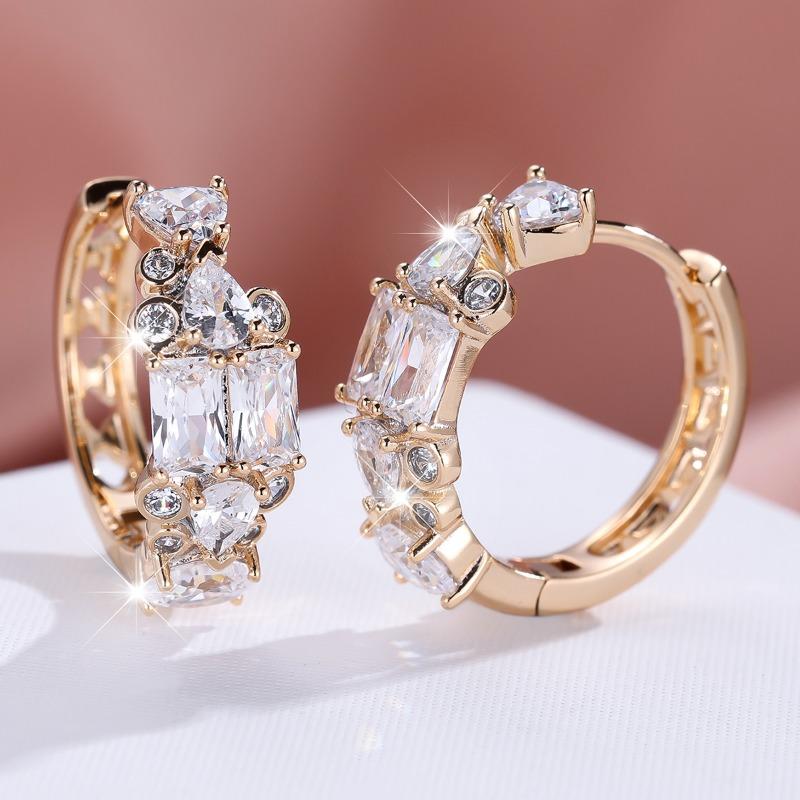 Fashionable Champagne Gold Rectangular All White Diamond Water Drop Love Earrings Exquisite Women's Fashion Earrings