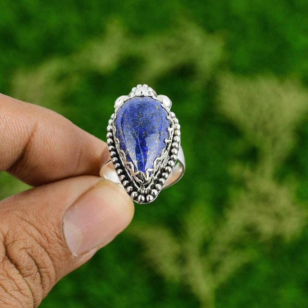 Wedding Gift For Her 925 Silver Natural Lapis Lazuli Statement Adjustable Ring
