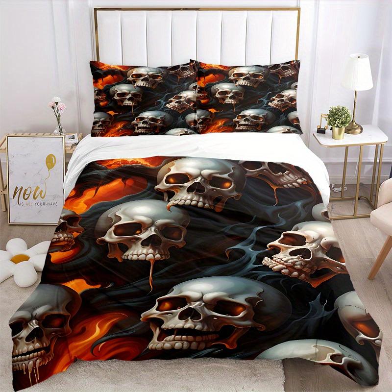 3pcs Skulls Flames Bedding Cover Set, Fashion Classic Popular Print Bedding Set, Soft Comfortable, All - Season Use, For Bedroom184