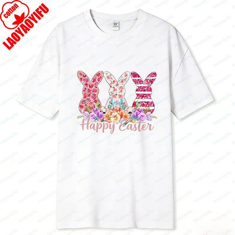Flower Bunny Happy Easter Print Kawaii Shortsleeve Tshirt Cool and Breathable Springsummer Wear Cotton Cute Style Women Tee