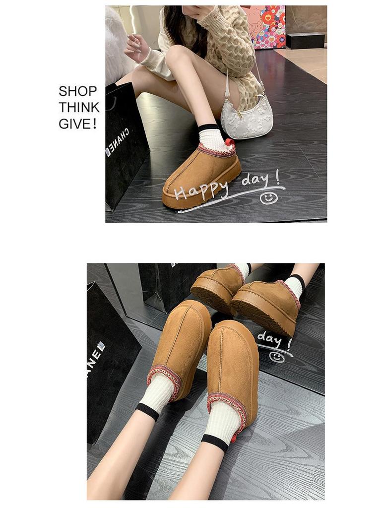 Женские зимние сапоги с меховой отделкой 2023 г.: Уличные тапочки на толстой подошве, осенне-зимние, полузакрытые, с бархатной подкладкой