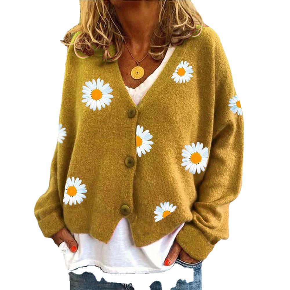 Chrysanthemum Embroidered Single-Breasted Women's Knitwear Sweater - Autumn Collection