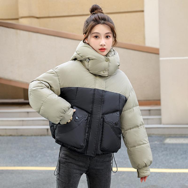 Autumn and Winter Women's Coat Hooded Short Color Matching Loose Casual Thickened Windproof Student Jacket