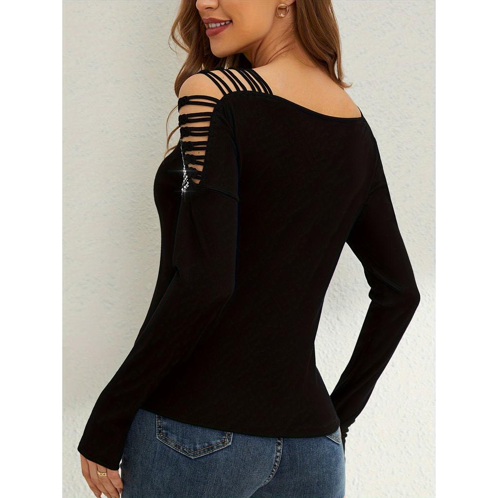 Syiwidii Fashion Spliced Diamond Shirts for Women V Neck Hollow Out Long Sleeve T Shirt Elegant Temperament Slim Tops