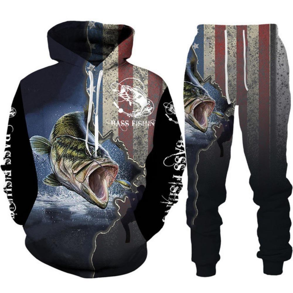 Mens Animal Bass Carp Fishing 3D Print Fashion Fisher Tracksuit Unisex Hoodie Jogging Pants 2Pcs Set Outdoor Clothing Size S-6XL