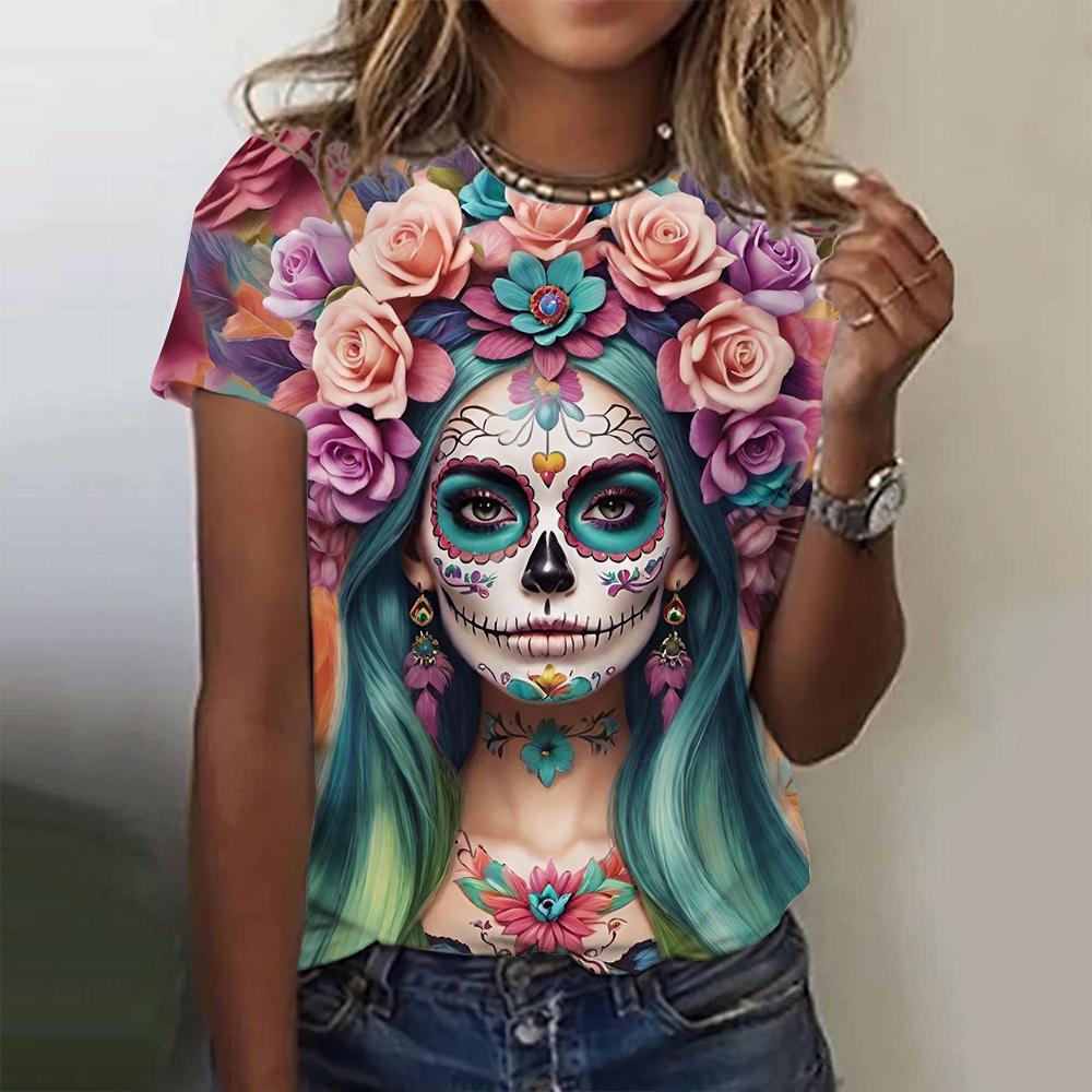 Women's T-shirt for Girls Summer Short Sleeve Casual Horror Undead Skull Pattern T-shirts