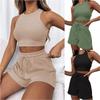 2024 Summer New Sleeveless Waffle Elegant Women's Sets Solid Color Sexy Waist Vest Casual Tethered Shorts Female's Two-Piece Set