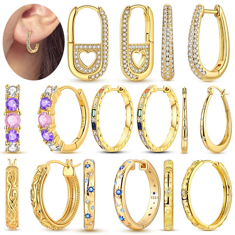 925 Silver Earrings Golden Round Circle Hoop Earrings For Woman Female Fashion Wedding Engagement Jewelry