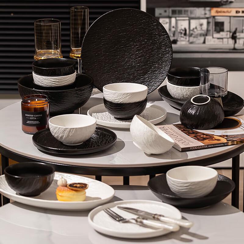 Stone Pattern Black & White Ceramic Dinnerware Set