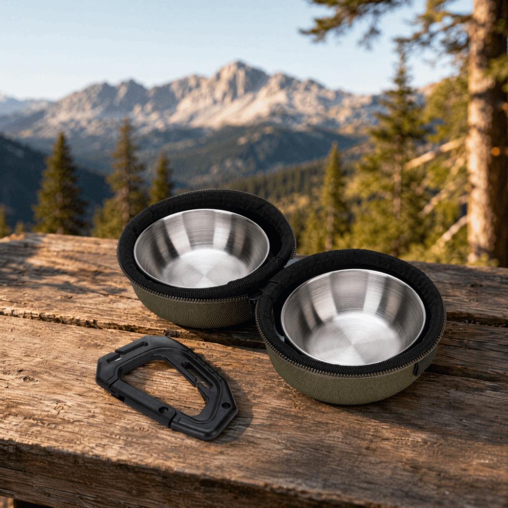 Stainless Steel Portable PET Bowl Set Green and Khaki Travel PET Feeder PET Feeding