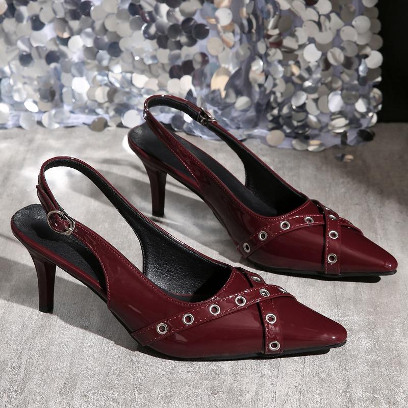 Spring New Baotou Sandals Women's Pointed Head Shallow Mouth Metal Buckle A Word with Anti-slip Wear-resistant High Heels