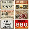 Vintage Tin Sign Dad`s BBQ Yard Outdoor Party Decoration BBQ Zone Metal Sign Plate Retro Barbecue Rules Slogan Decor Accessories