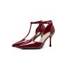 Red High Heels Women Shoes Hollow Pointed Toe Pumps Fashion T-type Ankle Buckle Strap Ladies  New Sexy Party Dress Shoes