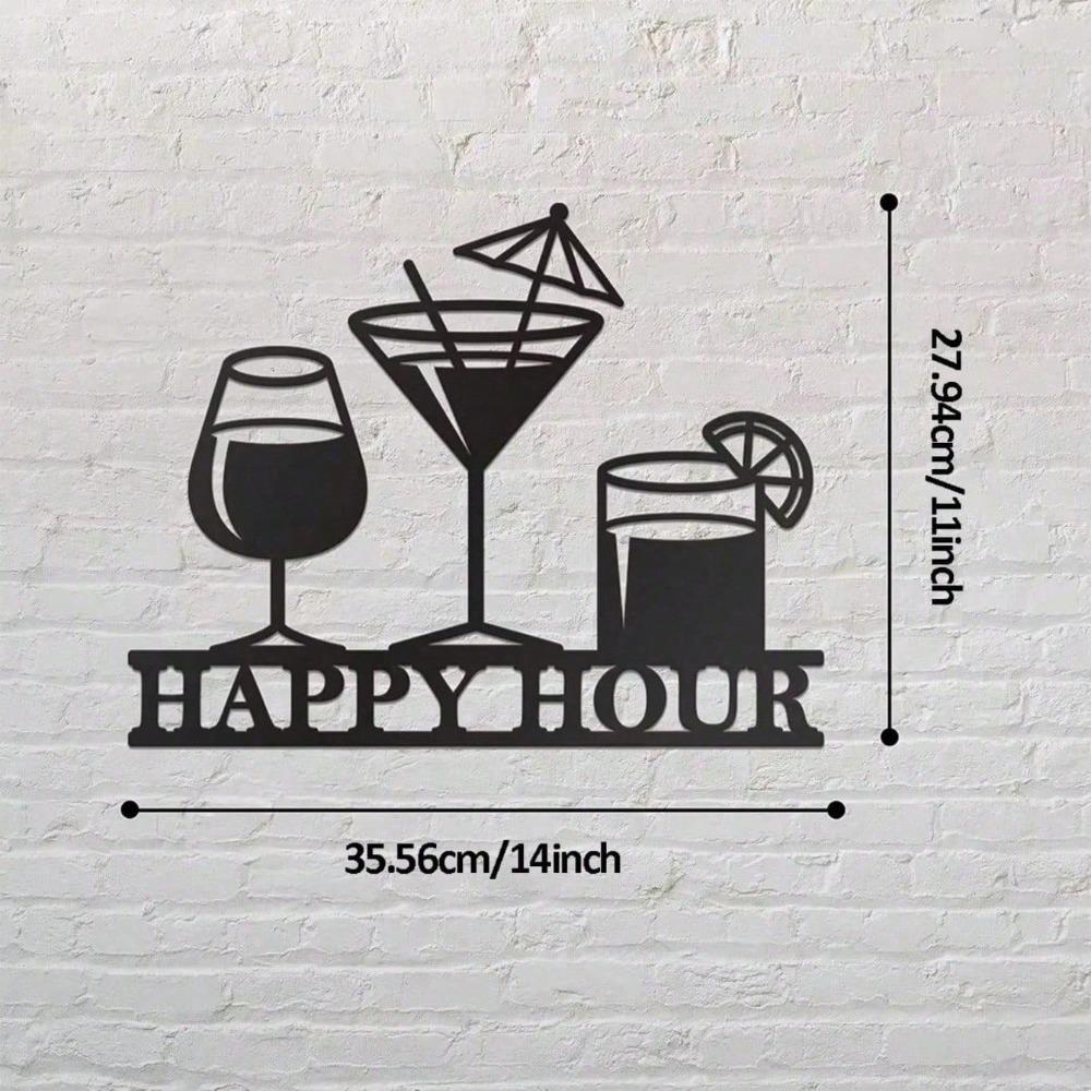 Vintage Black Metal Happy Hour Sign Rustic Pub Wall Decor for Home Bar Man Cave Outdoor Patio