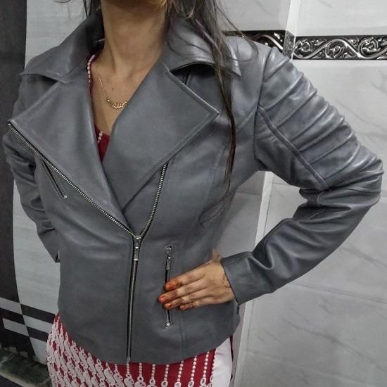 Noora Women's GREY Байкерская куртка из натуральной овечьей кожи, стильная мотоциклетная облегающая кожаная куртка, клубная куртка для свидания в кино, подарок на зиму