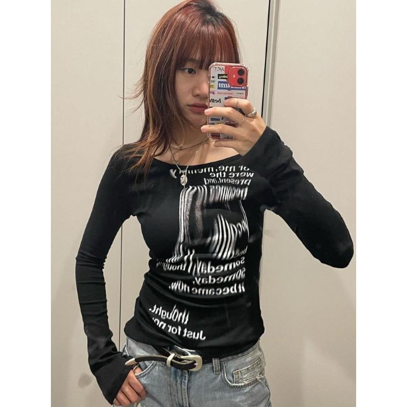 Футболка с буквенным принтом граффити, женские тонкие укороченные топы с длинным рукавом Y2K, эстетические футболки в стиле гранж, уличная одежда, футболки в стиле Харадзюку