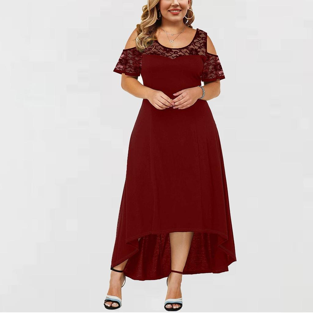 Women's Summer Dresses Off Shoulder Lace Trim Elegant Oversized Solid Dress
