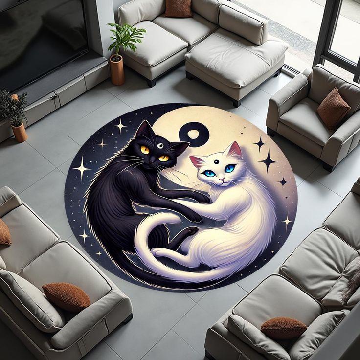 Yin and Yang Cat Round Carpet for Living Room Bedroom Decoration Non Slip Children's Room Crawling Floor Mat Popular Circle Rug