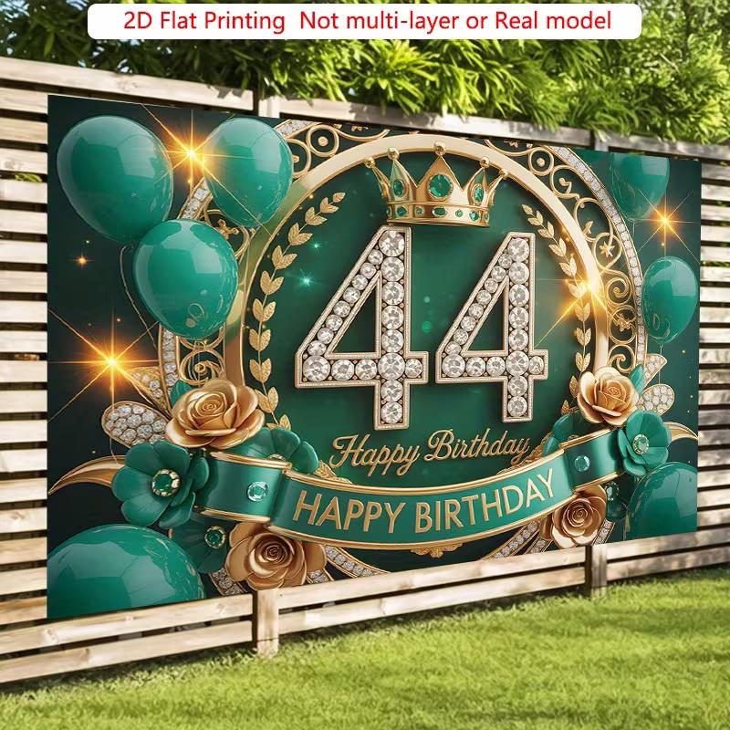 2D Luxury Green Gold 44th Birthday Backdrop Diamond Crown Party Banner