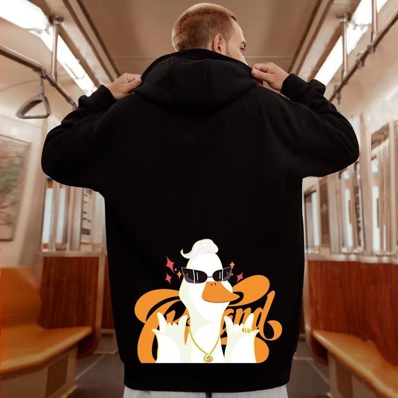 M-8XL Oversized Hoodies Men American Cartoon Duck Boss Print Loose Hoodie Student's Large Soft Velvet Hooded Sweater