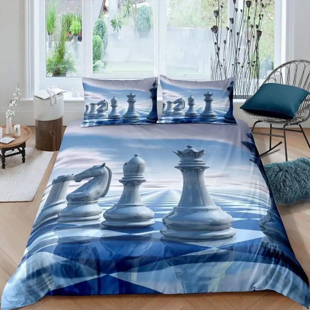 International Chess Duvet Cover Set Queen Size Chess Lovers Постельное белье для детей и взрослых Микрофибра Черная основа 23 шт Пододеяльник