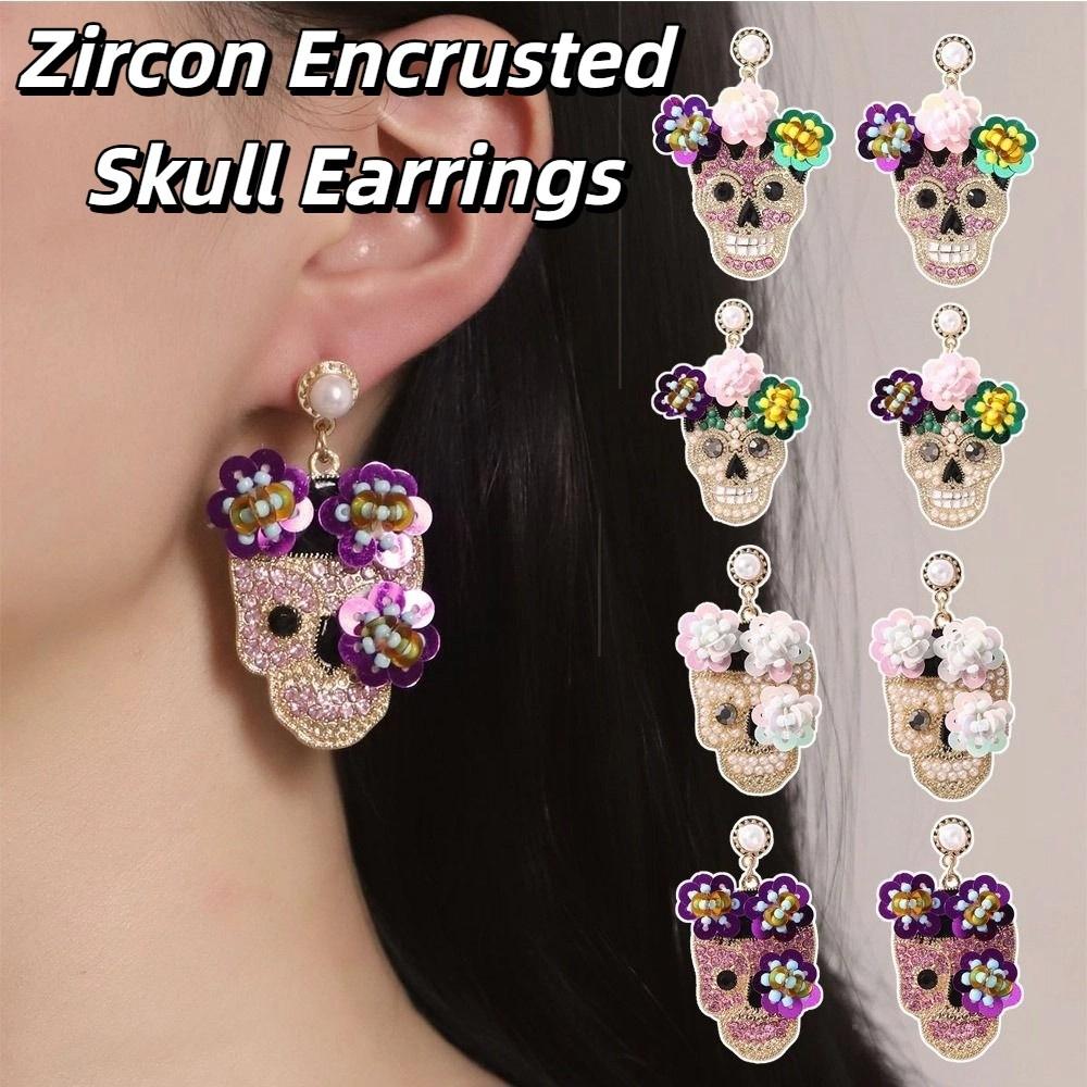 Personality Zircon Encrusted Skull Earrings Flower Glitter Skeleton Stud Earrings Women